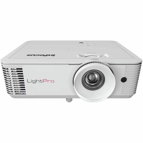Close-up of InFocus projector lens displaying a bright image.